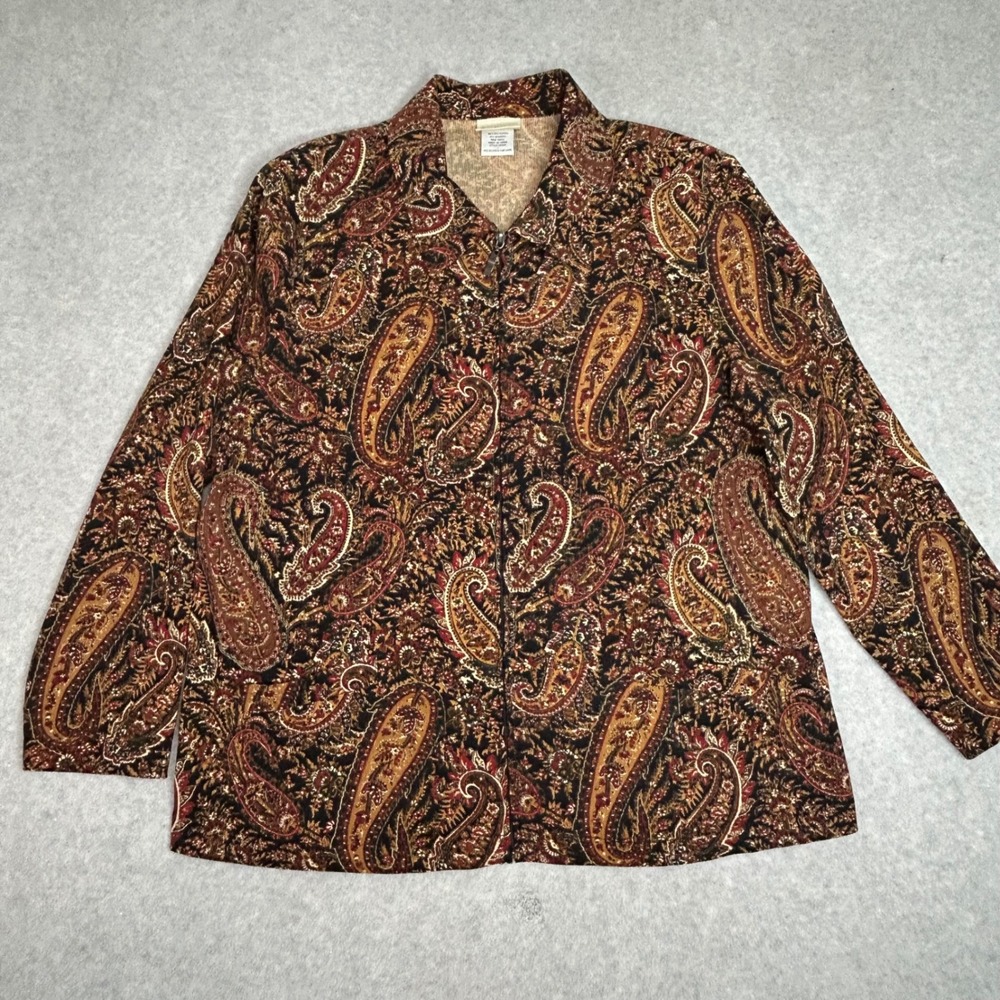 Vintage BonWorth Women's L Paisley Print Long Sleeve Collared Zipper Front Top
